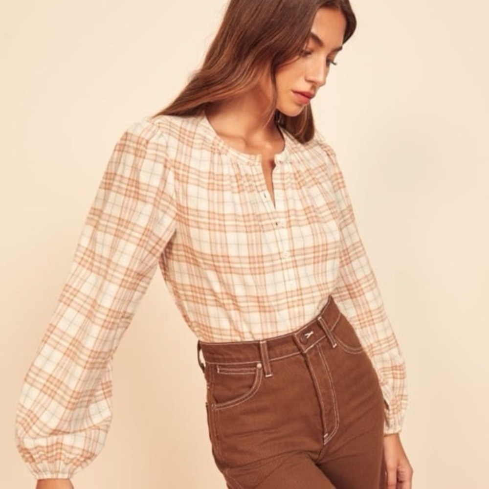 Reformation Autumn Blouse Plaid Peasant Top Half Button
